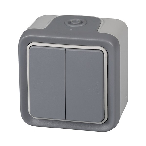LEGRAND SERIE PLEXO INTERRUPTOR o CONMUTADOR DOBLE COMPLETO SUPERFICIE GRIS EXTERIOR IP55 191501 69715