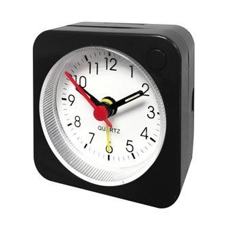 RELOJ ANAL&Oacute;GICO DESPERTADOR NEGRO 60X60mm FONDO BLANCO